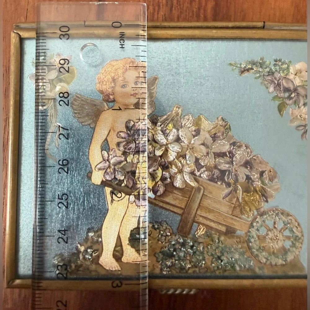 Vintage Gold and Blue Jewelry Organizer Angel Mirrored Glass Trinket box